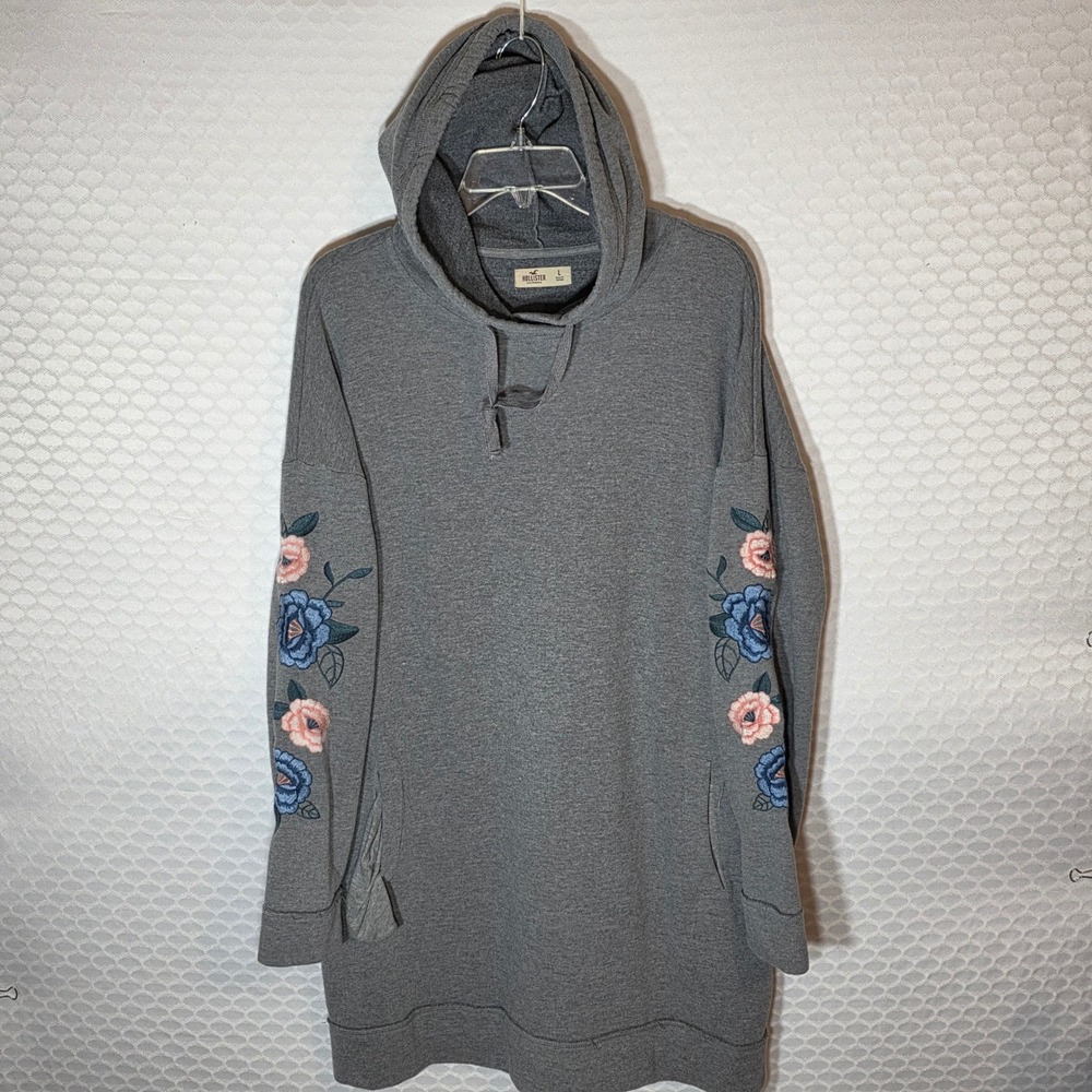 Hollister Gray Floral Embroidered Oversized Hoodie Sweatshirt Dress Large